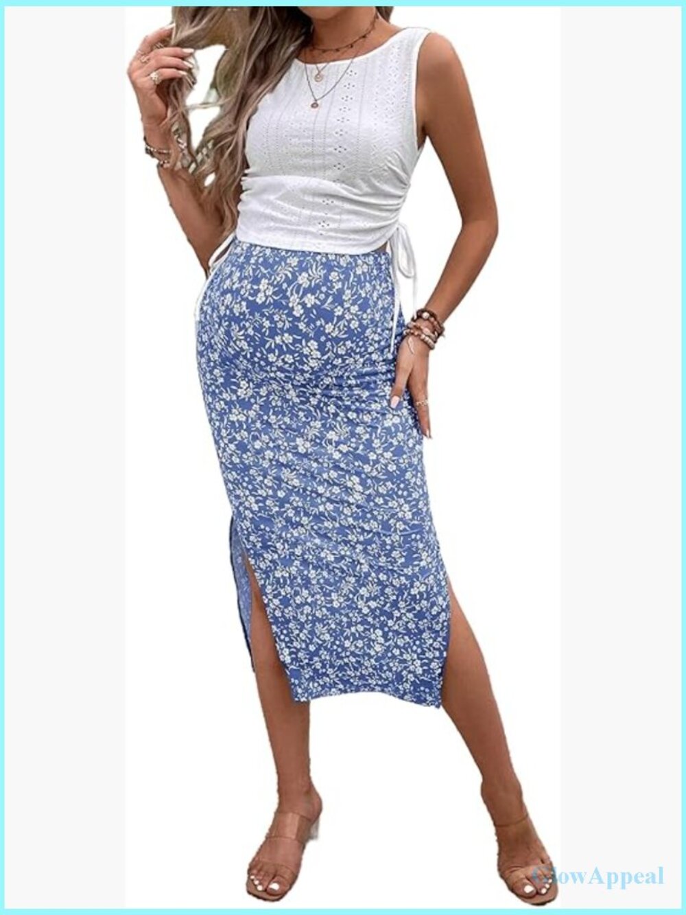 Maternity 2-Piece Set: Ruched Tank & Floral Midi Skirt